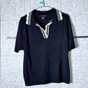 Select Trend Black Womens Top with White Striped Collar Size L Rayon Blend